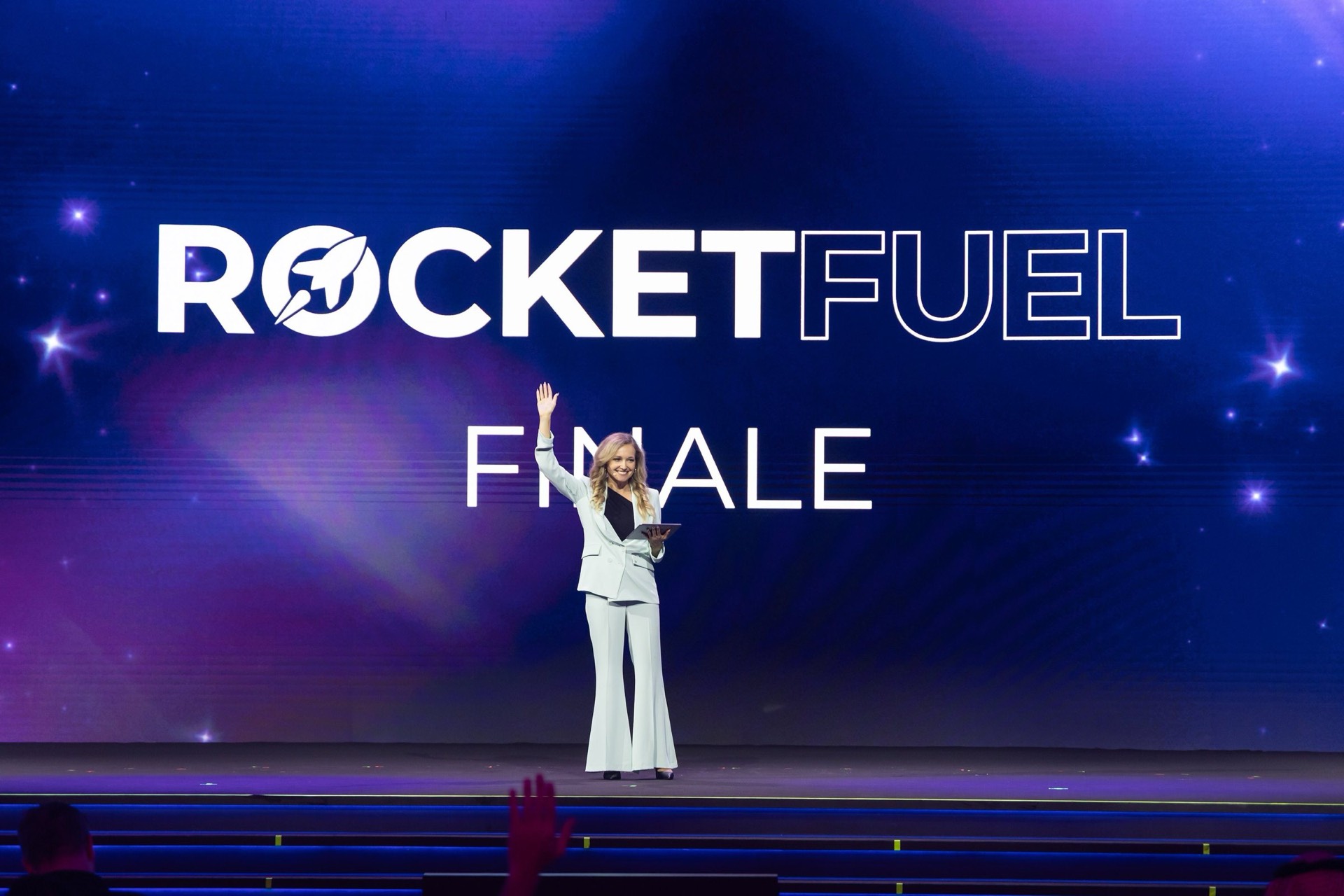Katya hosting the Rocket Fuel finale on the LEAP main stage